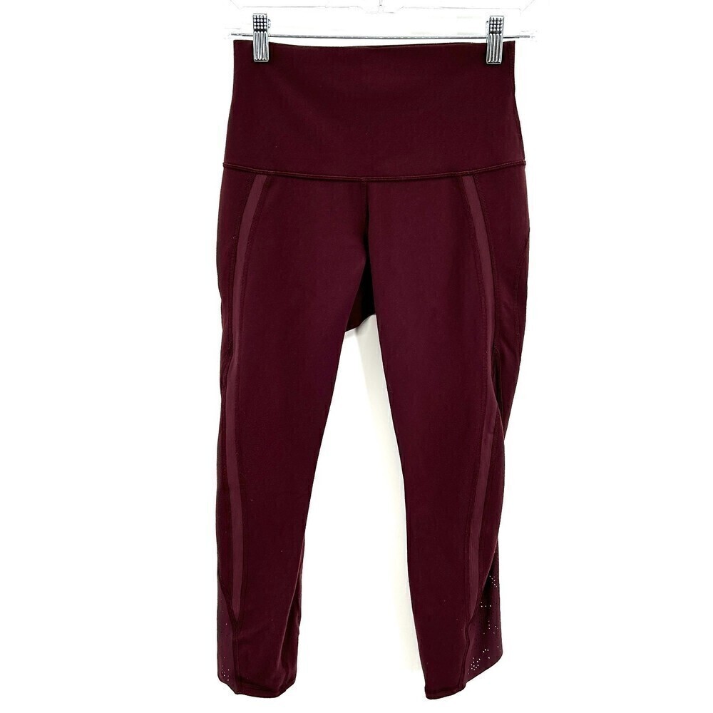 LULULEMON Burgundy Cropped Cut Out Detail Workout Athletic Leggings Size 6